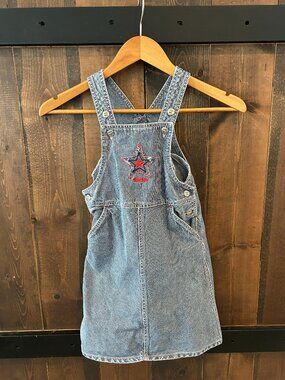 Vintage Oshkosh Kids Denim Overall Dress with Red Star Embroidery Size 6x